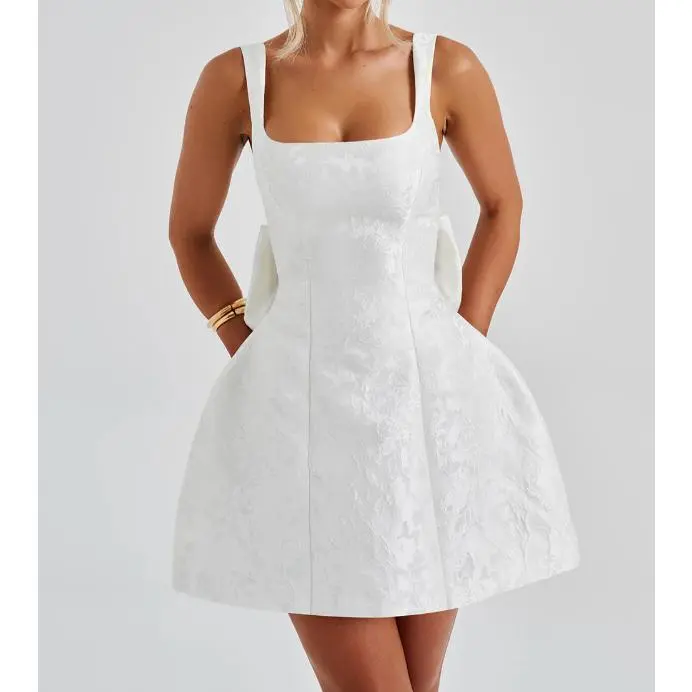 Women's Jacquard Spaghetti Strap Bodycon Dress Elegant Back Bow Slim Party Dress French Sweet Spicy Outfit For Club Night Date, Strappy, Polyester