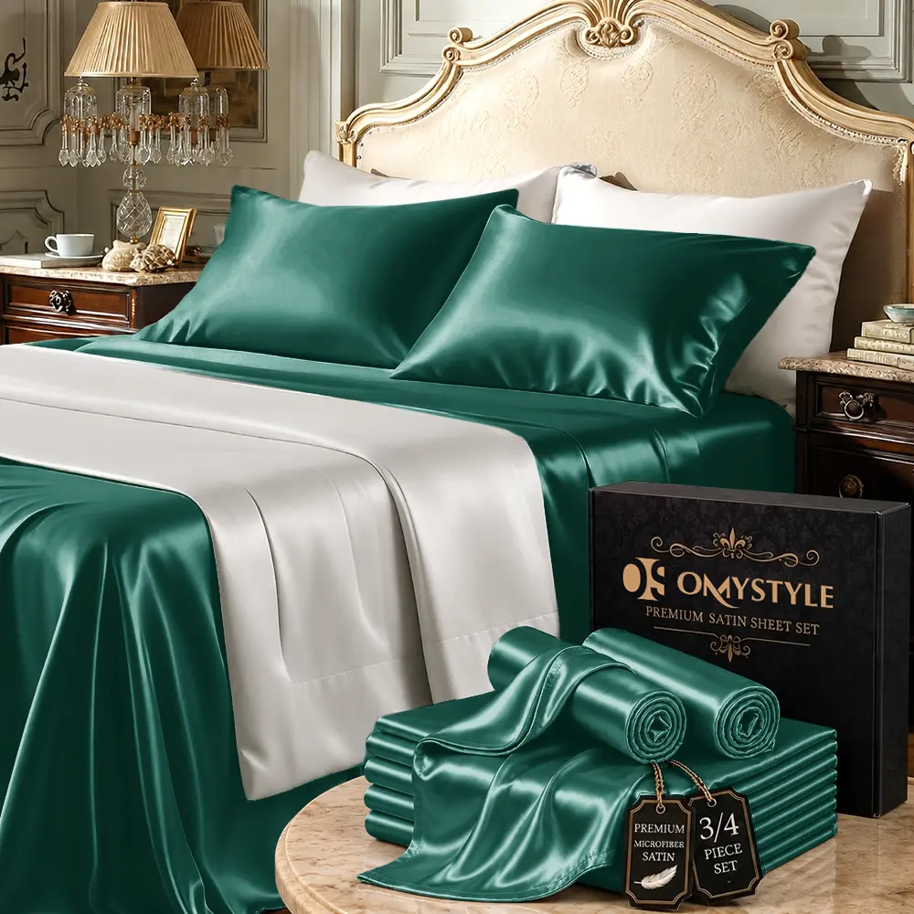 OS OMYSTYLE Luxury Satin Bed Sheet Set, Premium Satin Fabric - Breathable, Cooling, Skin-Friendly And Smooth, Deep Pocket Fitted Sheet, Durable Double Stitching, Perfect For Hair & Skin, Suitable For Hot Summer, , Machine Washable And Quick Dry