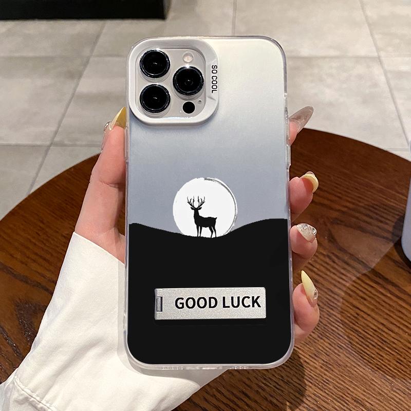 Case for iPhone 16 Pro Max 15 Plus 14 13 12 11 XR E XS Moonlit Stag Pattern Bracket Shockproof Silicone PC Back Protective Smartphone Cover