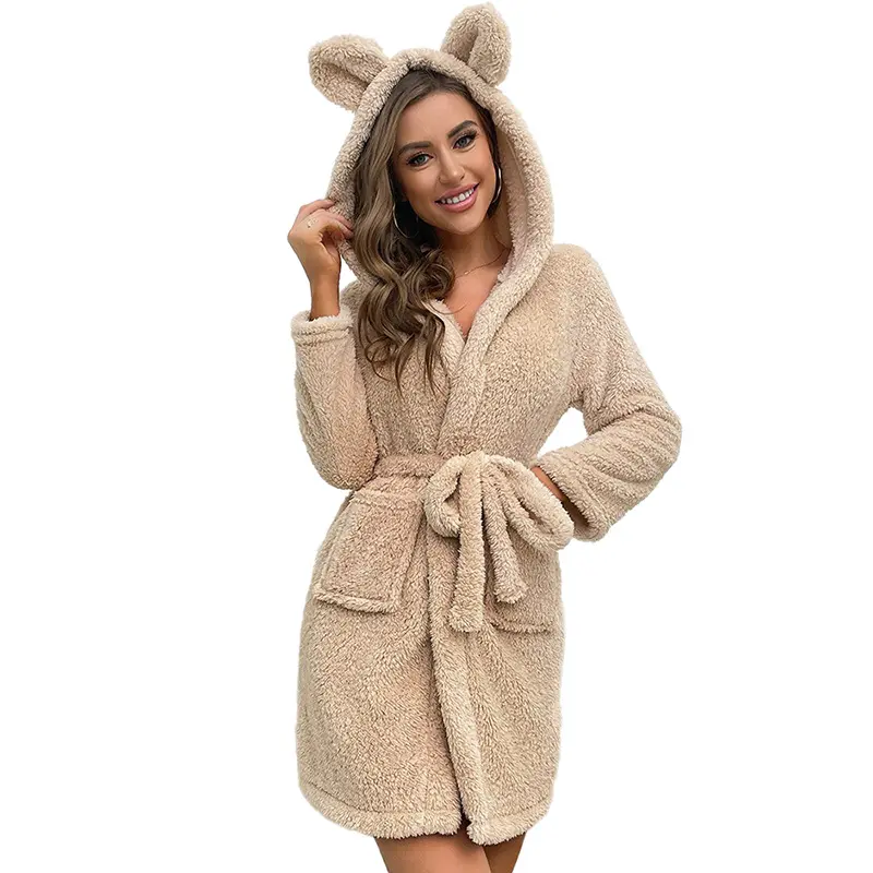 Women's Hooded Fleece Robe, Bear Ears Thick Warm Plush Bathrobe with Pockets, Self-Tie Waist Short Loungewear for Fall Winter