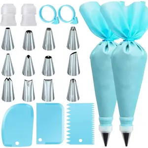 21 count/set Cake Decorating Tools,Piping Bags and Tips Set;with 2 count  Icing Pastry Bags,Set Of 3 Scrapers,12 Different Icing Bags Tips, 2 Piping Bags Couplers and 2 Frosting Bags Ties