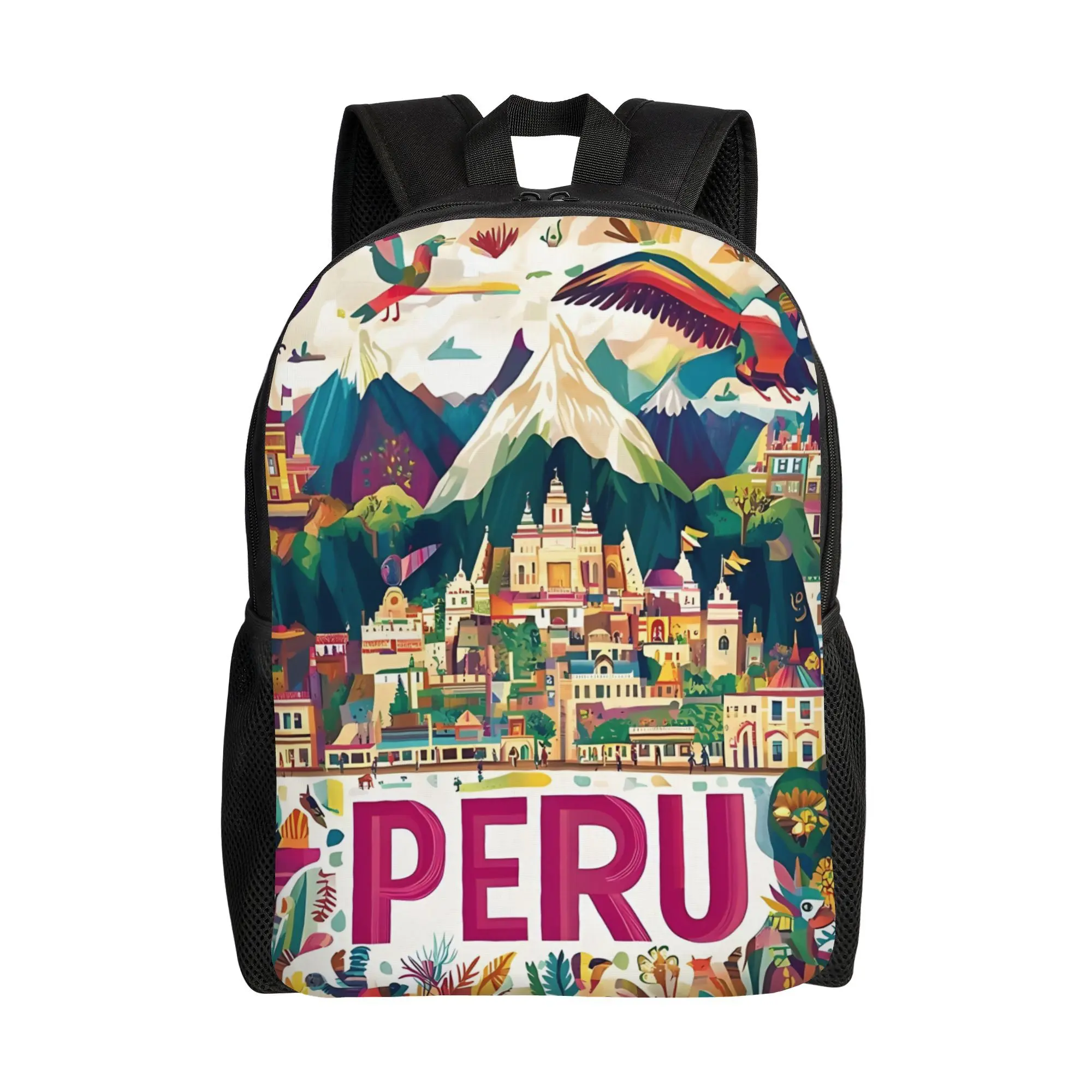 Colorful Peruvian-style wall decorations, showcasing Peruvian cultural traditions and heritage. Suitable for commuting, traveling, outdoor sports, cycling, hiking, camping, fitness, and other activities. Fashionable and versatile neutral print backpack