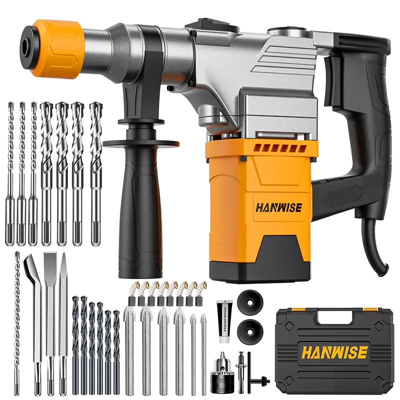 HANWISE electric demolition hammer 3 in 1 wired rotary hammer drill, used for drilling, rock drilling, demolition, heavy-duty impact drilling, electric tool, suitable for concrete, tiles, walls, and stones