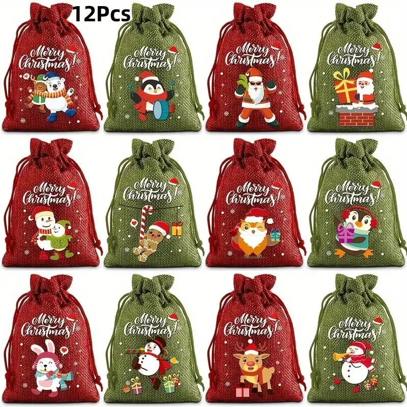 12Pcs Christmas drawstring gift bag, Christmas packaging bag, burlap and jute bag, suitable for holiday party gifts, very suitable for Christmas