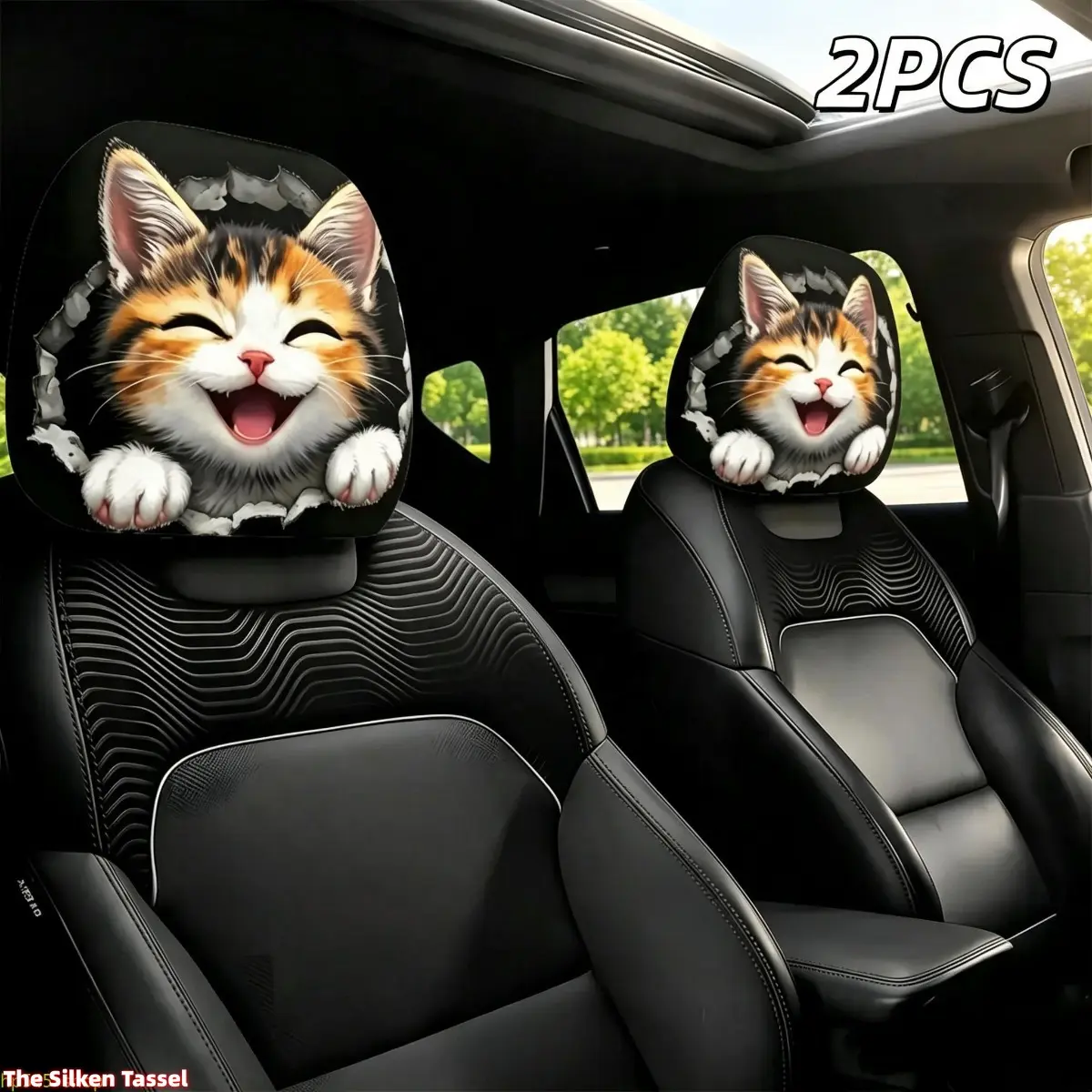 2pcs Cute Cat Print Car Headrest Covers, Trendy Girly Aesthetic Car Accessory - Comfy Fabric, Washable, Easy Installation, Automotive Decorative Interior Add-Ons for Daily Drive, Fits Trucks, SUVs, Most Vehicles, Automotive Decorative Accessories, Car I s
