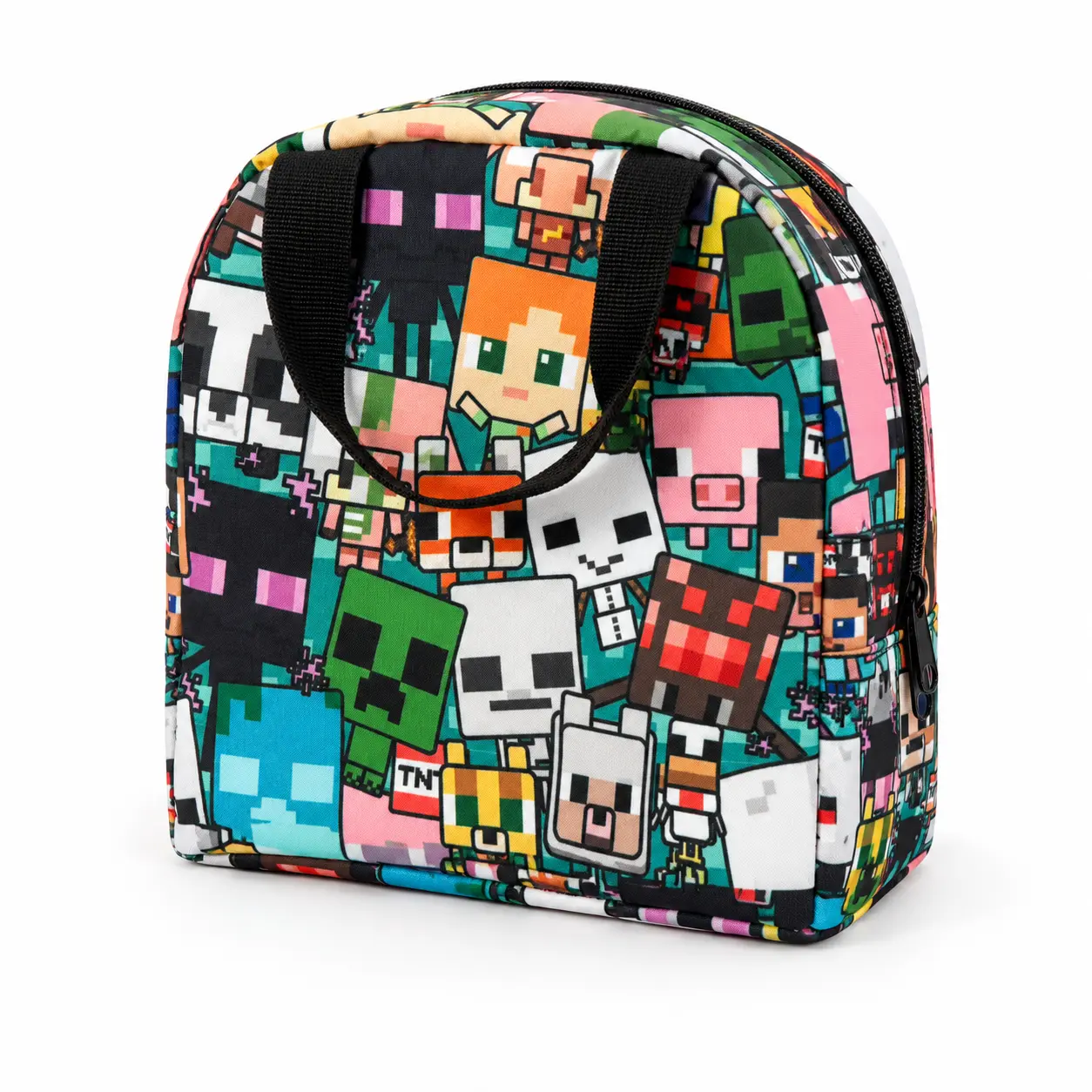 Pixel Game Print Lunch Bag, Colorful Block Character Insulated Lunch Tote with Zipper and Double Handles, Lightweight Reusable Meal Bag for School Work Picnic Travel