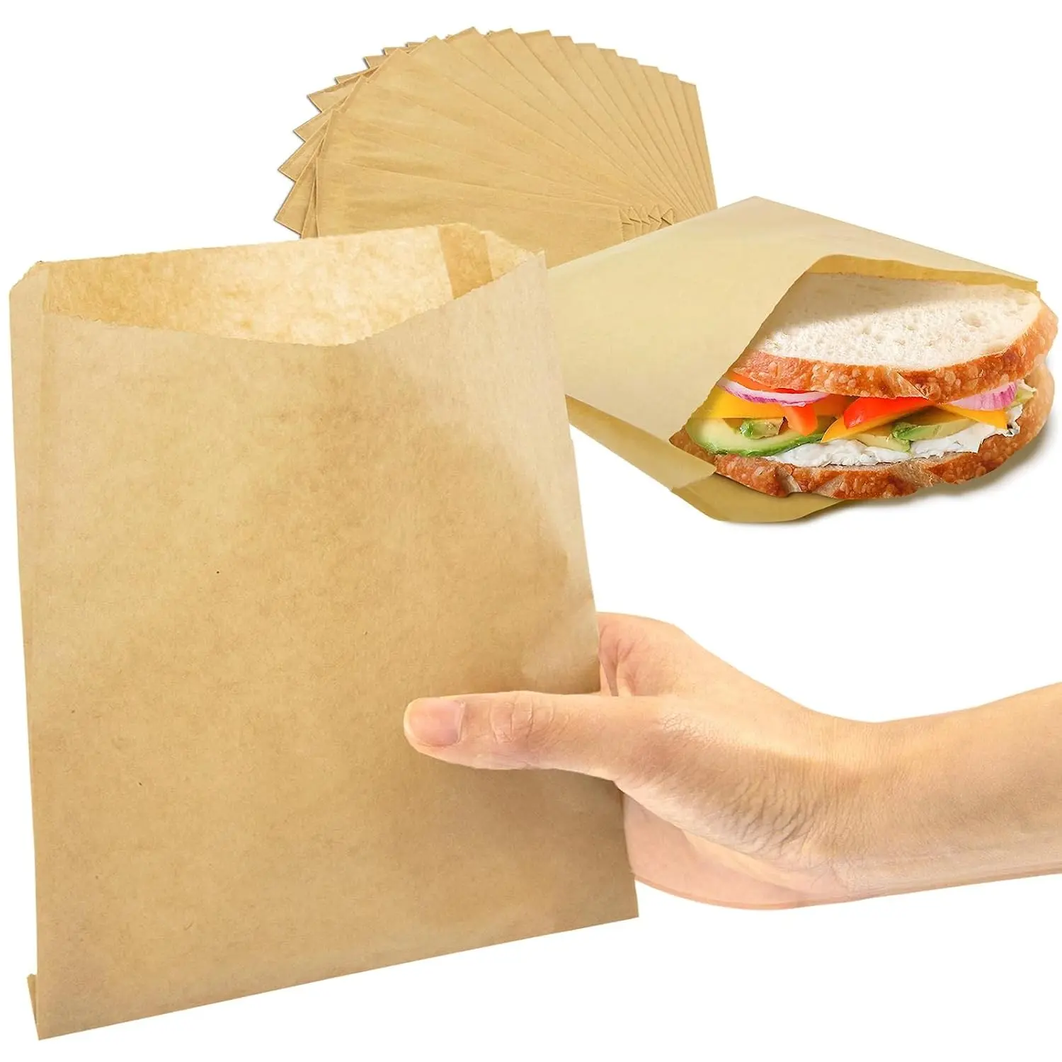 200 Pack Paper Sandwich Bags 7 x 6”, Greaseproof Snack Bags, Unbleached Pastry Bag, Recyclable Small Brown Paper Bags, Cookie Sleeves, Food Packing for Bakery, Donuts, Bagels
