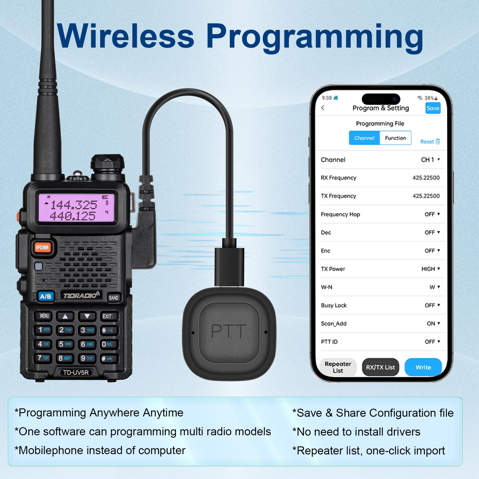 TIDRADIO Wireless PTT (New) Pushbuttons for Phone APP Replaceable Wireless ProgrammerAdaptable to many models UV-5R