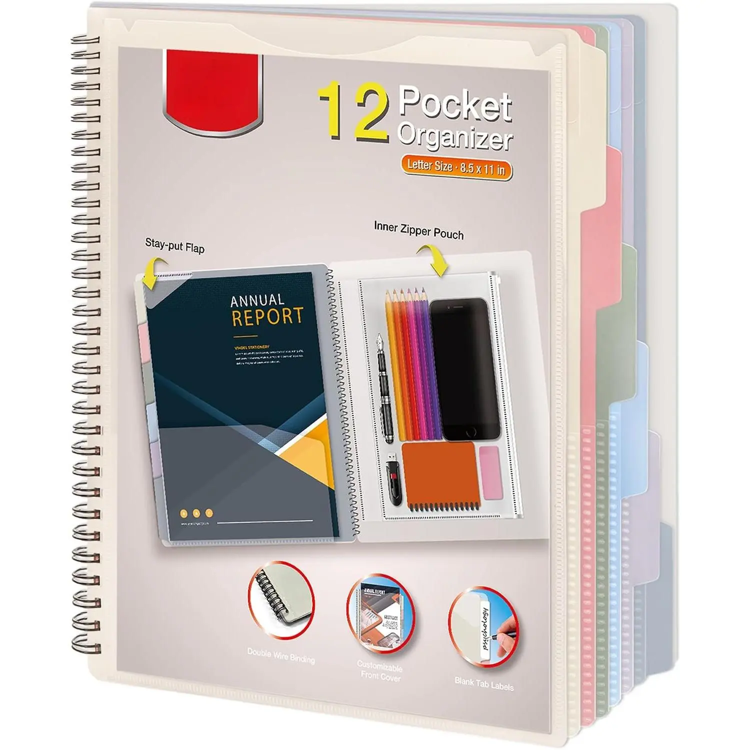 12 Pocket Poly Project Organizer, Multi Pocket Folder, Pastel Colors | 12 Pocket, Spiral, Multi-Subject, Letter Size