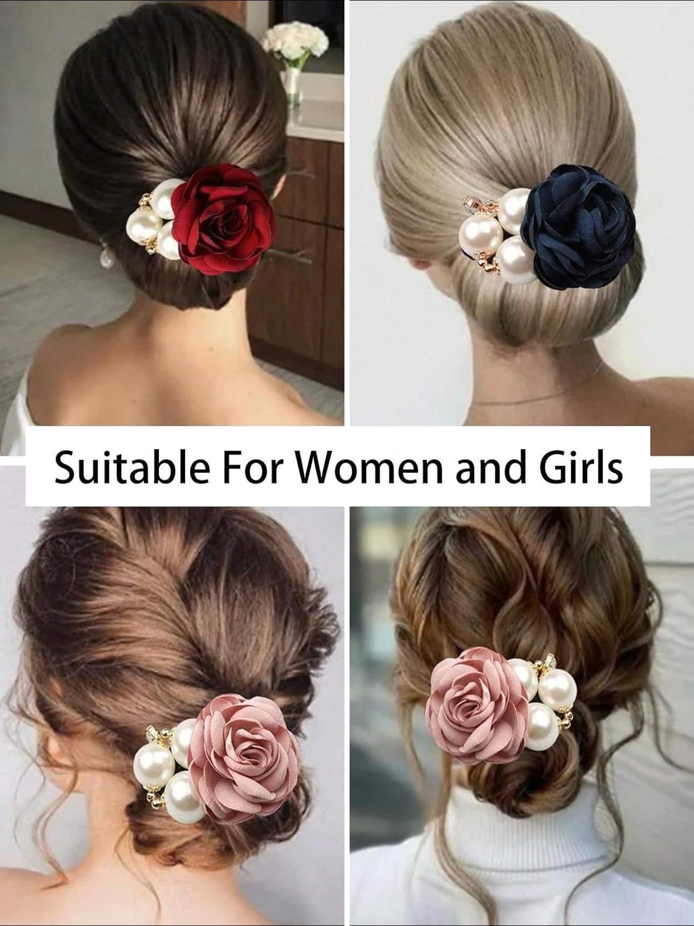 Mother's Day Gift Faux Pearl Decorated Flower Design Hair Tie, Gifts for Her, Elegant Fashionable Wedding Floral Hair Accessories for Women & Girls, Minimalist Rose Bow Headwear Suitable for Thick Hair, Bowknot, Hair Bows