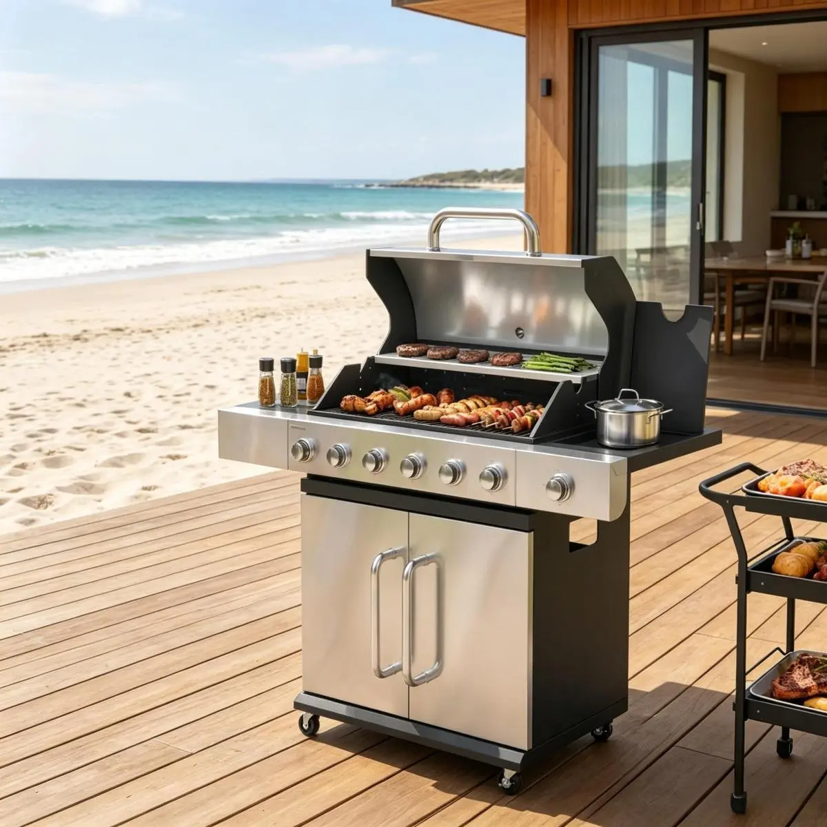 AobtkelOutdoor Barbecue Propane Gas Grill, 6 Main Burners + Side Burner, Cast Iron Grates, Rolling Wheels, Side Prep Tables & Storage Cabinet On-Site Stainless Steel Outdoor Comal Set g10 handle edc pocket knife detachable compact self-defense