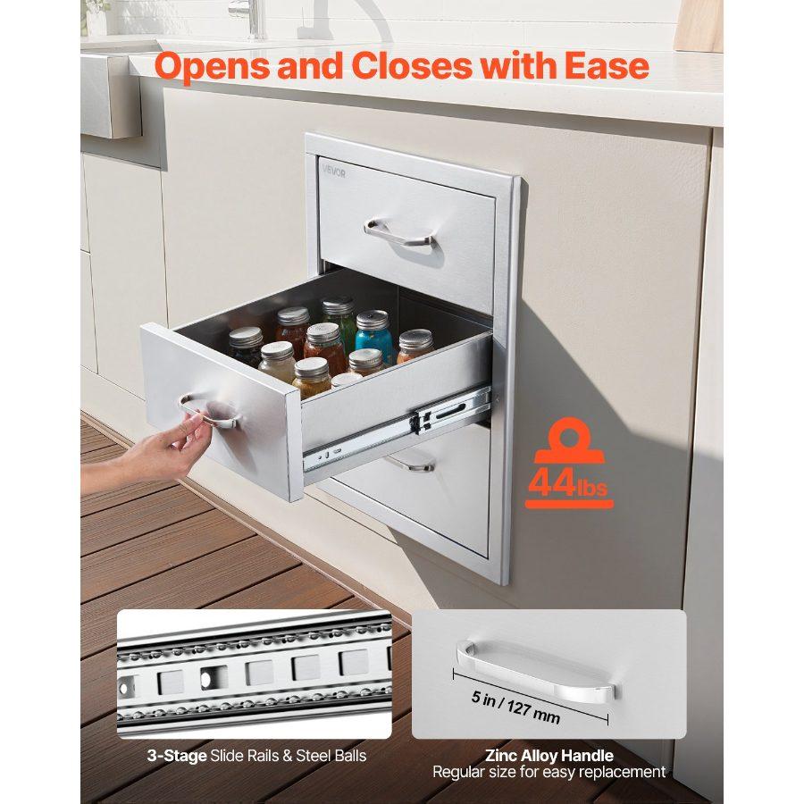 VEVOR Outdoor Kitchen Drawers 18.11 Wx 23.23 Dx 23.23 H, Triple-Access Stainless Steel Modular Drawer Cabinet with Handles, BBQ Island Drawer for Outdoor Kitchen BBQ Island Patio Grill Station