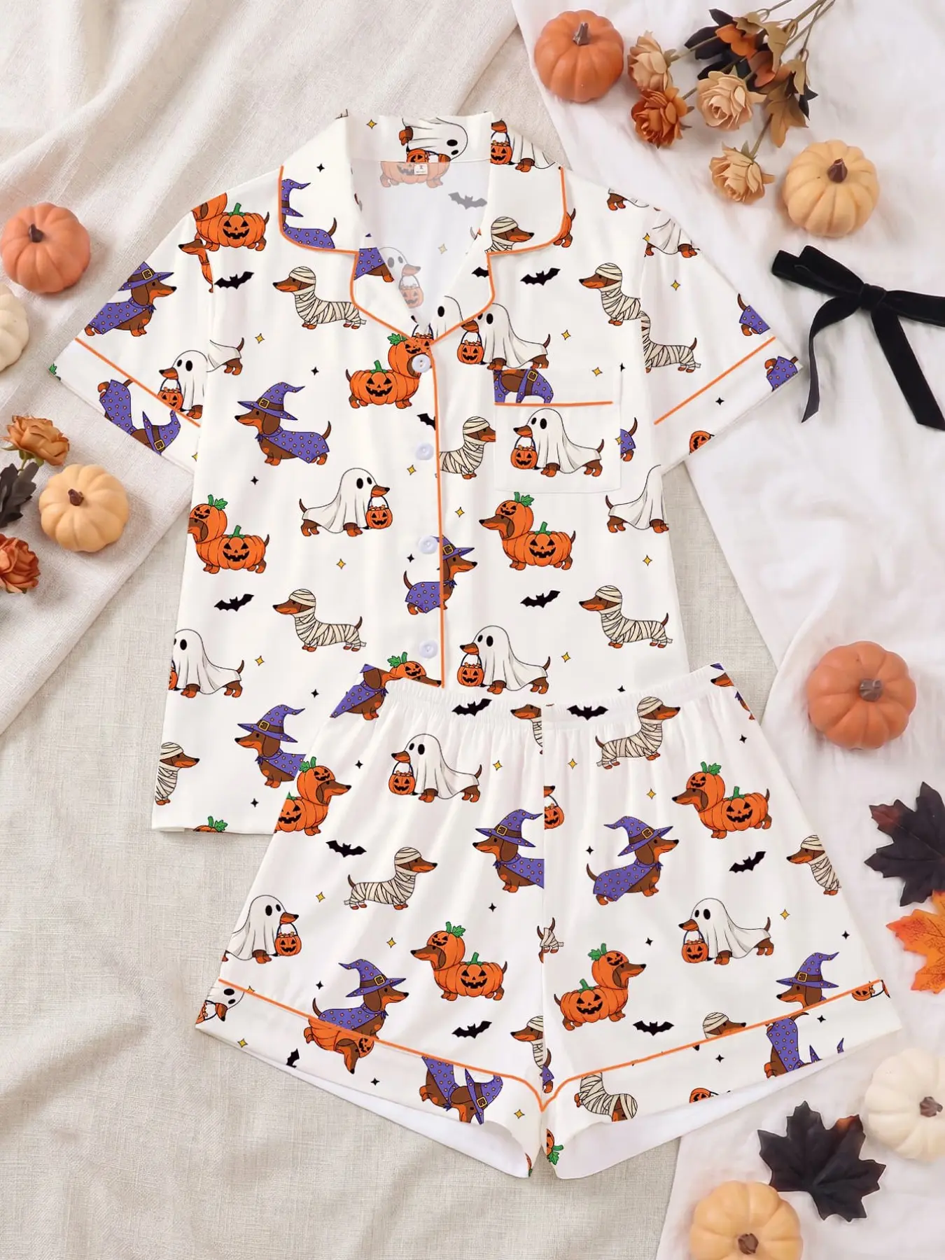 Halloween Pajama Set for Women, Cute Mummy Hot Dog Ghost Pumpkin Print, Comfortable Shirt Collar Short Sleeve Top and Elastic Shorts, Casual Sleepwear Loungewear