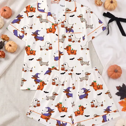 Halloween Pajama Set for Women, Cute Mummy Hot Dog Ghost Pumpkin Print, Comfortable Shirt Collar Short Sleeve Top and Elastic Shorts, Casual Sleepwear, Printed Sleepwear Set
