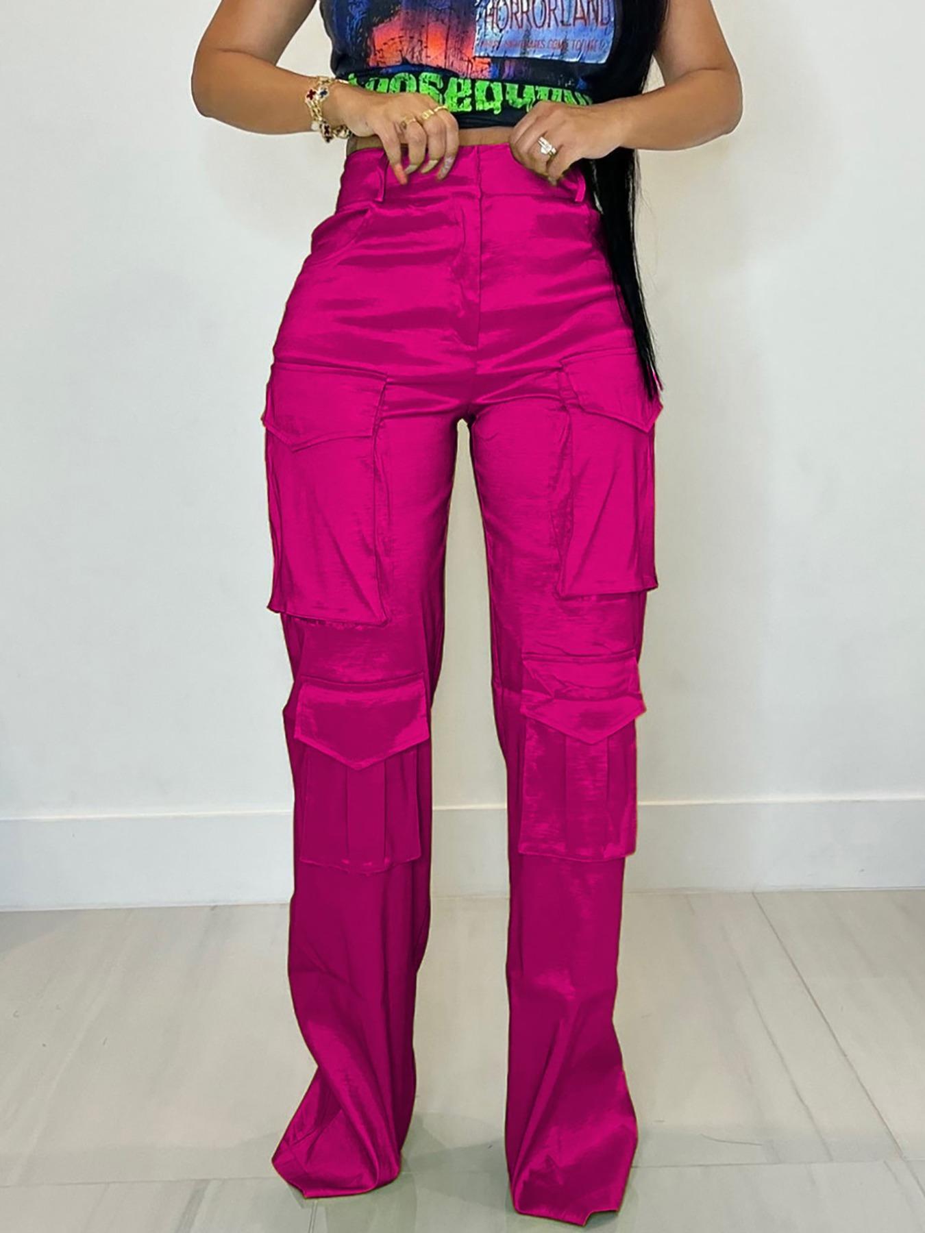 Women's Solid Color Pocket Zipper Cargo Pants, Fashion Casual High Waist Straight Leg Trousers for Daily Outdoor Wear, Women's Bottoms for Spring & Fall