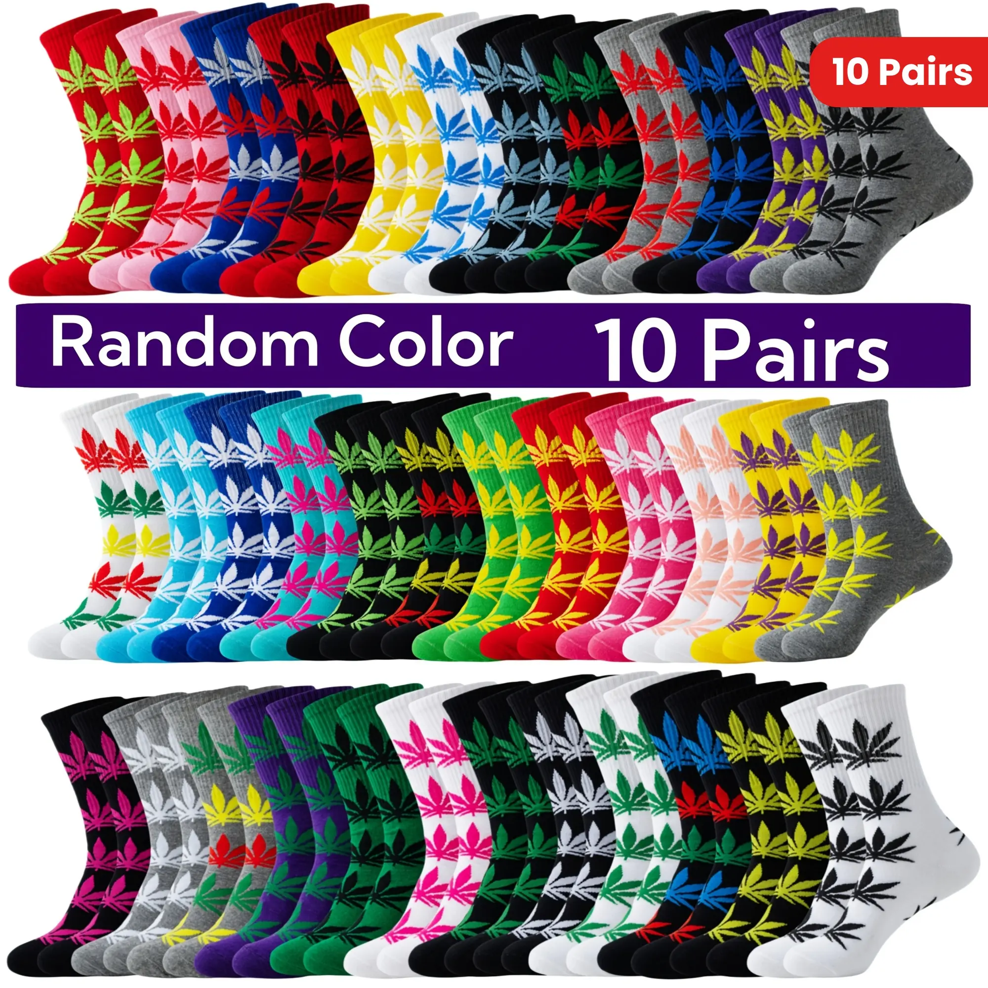 10 Pairs Casual Fashion Crew Socks, Random Mixed Color Plant Pattern, Comfortable & Breathable Knit Design for Men & Women, All-Season Sports, Casual Fashion Socks, 10 Pairs Random Mixed Color, Knit Crew Socks