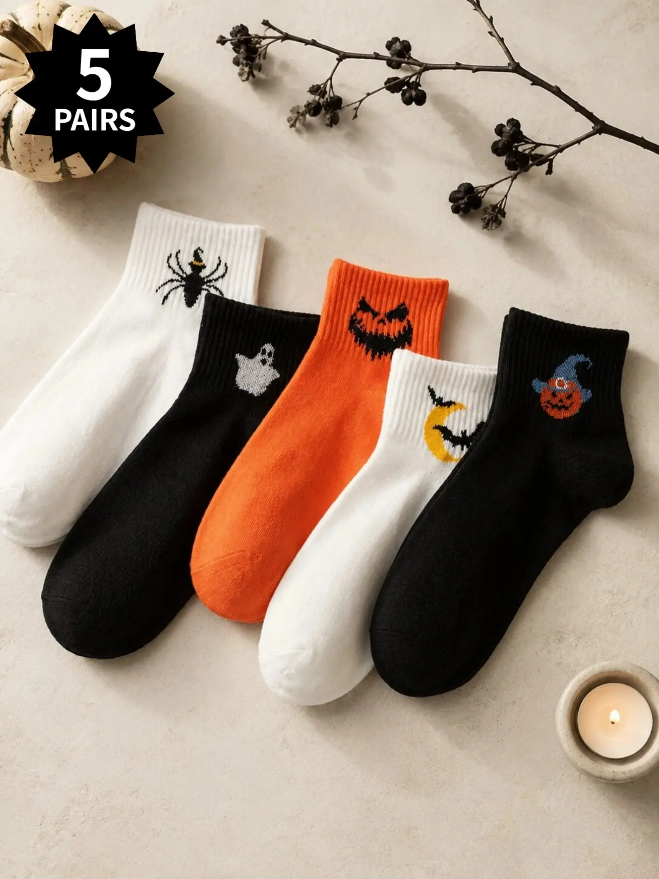 5-Pair Set of Halloween-Themed Short Socks and Knee-Highs: Pumpkins, Ghosts, Spiders, Bats, and Wizards; Black, White, and Orange Color Scheme; Holiday Party Socks; Unisex