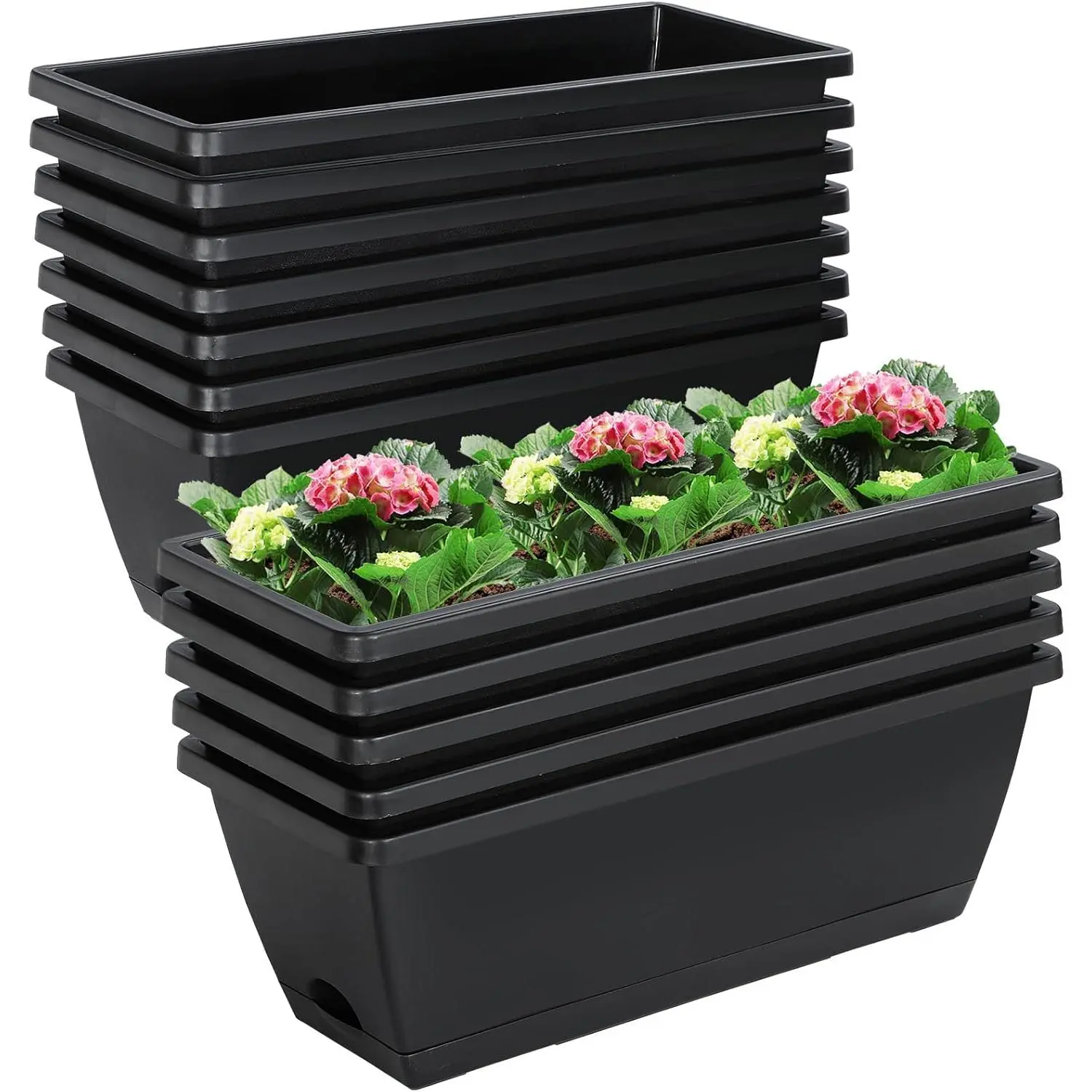 12Pcs 17Inches Rectangle Planter Box with Drainage Holes and Trays Plastic Planters Flower Boxes Pots for Indoor Outdoor Plants Patio Garden Home Decor Porch Yard (Black)