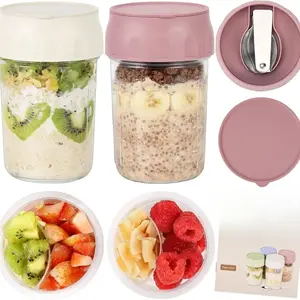 2026 Canister Storage Portable Reusable Airtight Tin  / Overnight Oats Containers with Lids, Folding Spoons, and Divided Compartments for Fruit & Nuts, Small Glass 16oz Mason Jars for Oatmeal Yogurt Parfait Kitchen Utensils