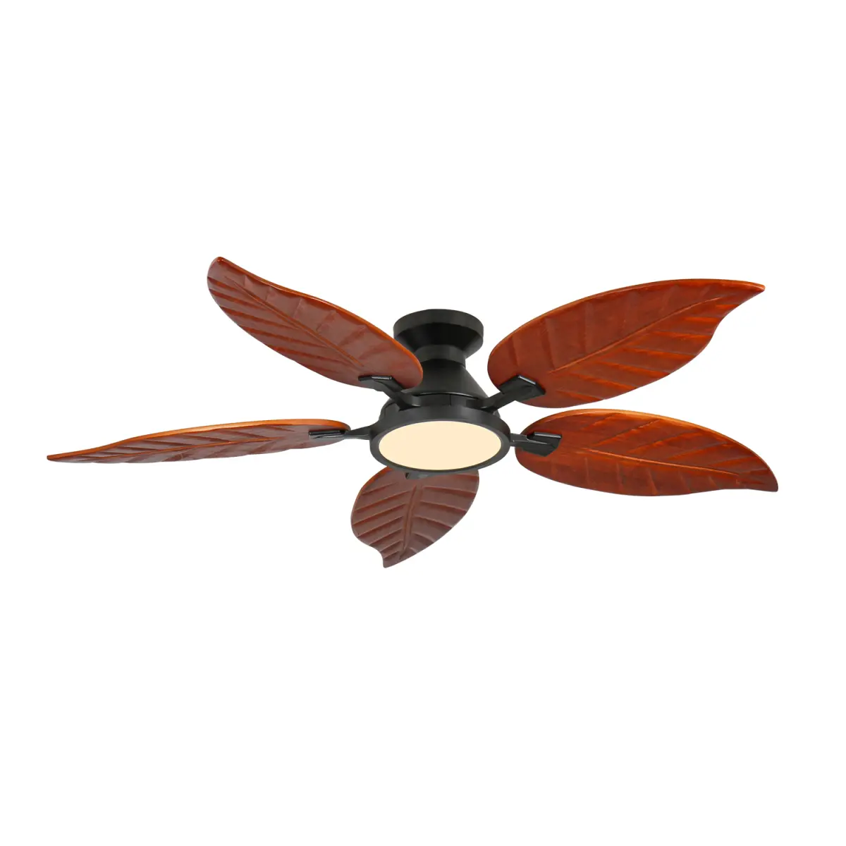Walnut 52 Inch Tropical Flush Mount Ceiling Fan with Light, Solid Wood Palm Leaf Low Profile Ceiling Fan, Reversible Motor Indoor Ceiling Fan for Living Room Porch Sunroom Patio