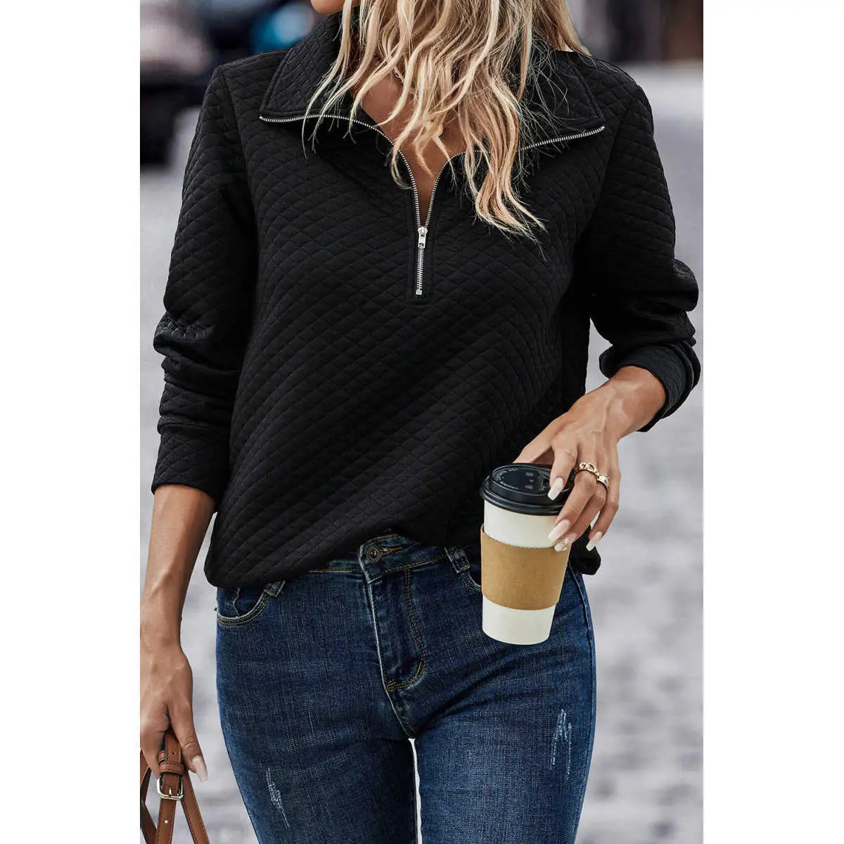 Women's Casual Quilted Sweatshirt, Solid Color Long Sleeve Pullover Tops with Half Zipper for Colder Seasons, Collared