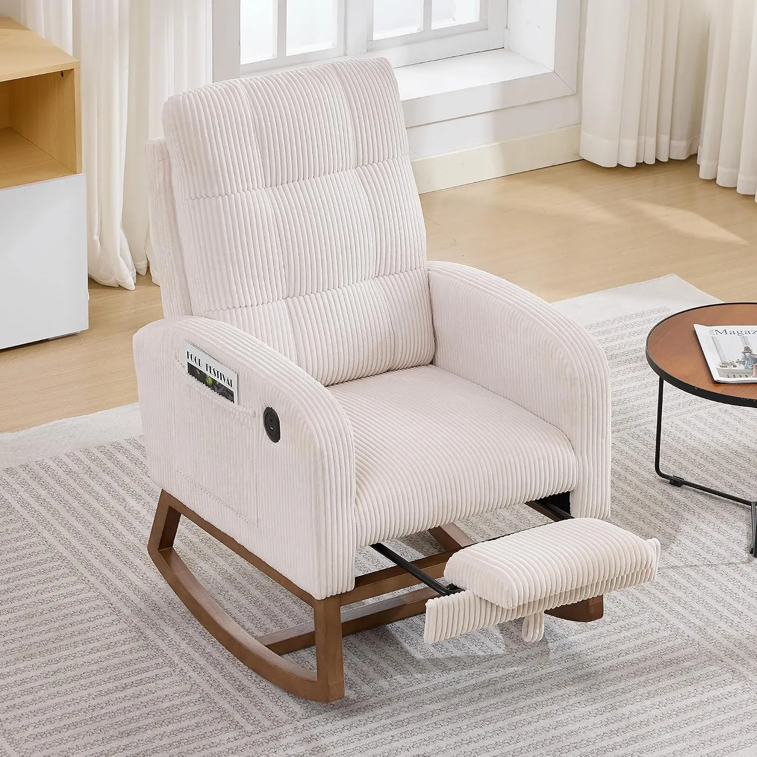 Upholstered Nursery Rocking Chair, Glider Rocker Recliner with Footrest, Side Pocket & USB Port, High Backrest Nursing Chair for Nursery, Living Room, Bedroom, Corduroy