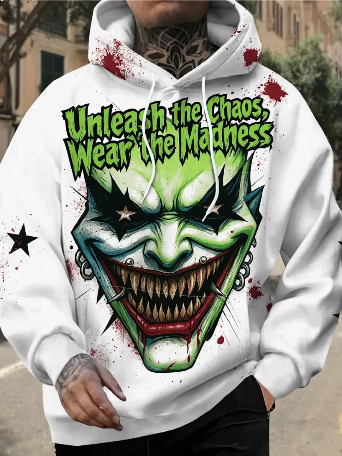 Men's Fashion Digital Print Hoodie, Clown Pattern and Letter Decor, Halloween Street Style Hip Hop Casual Top, Trendy Outdoor Jacket