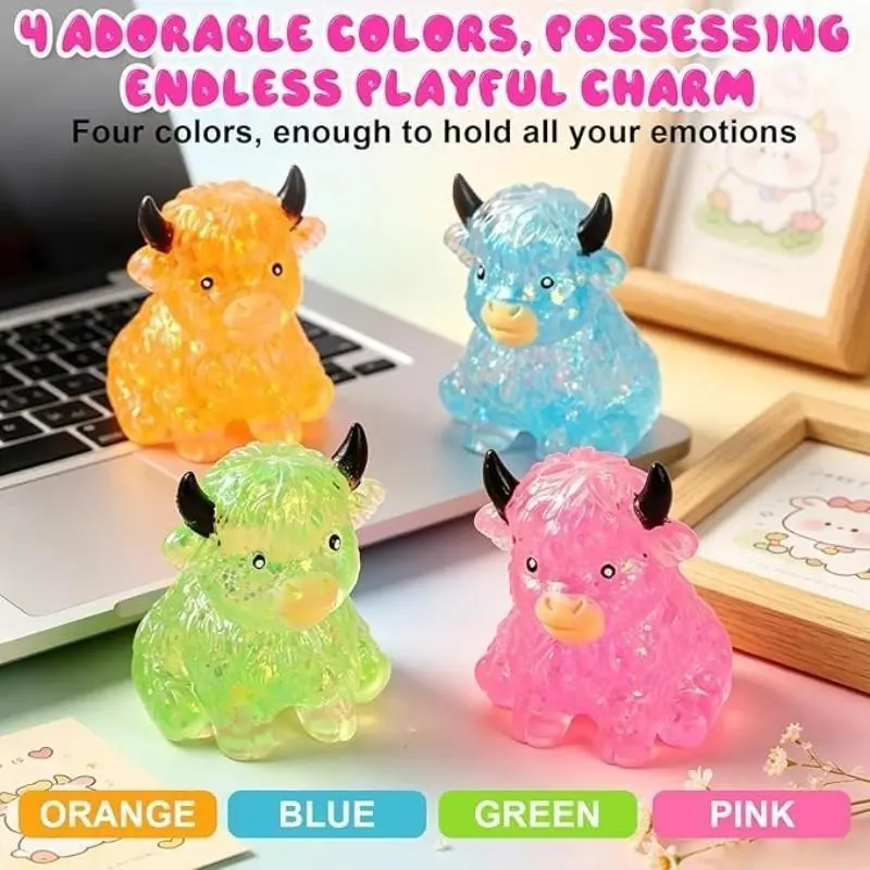 4pcs Glowing Highland Cow Squid Fidget Toys, Soft Stress Relief Balls, Cute Sensory Squeeze Toys, Anxiety Relief, Easter Basket Fillers, Party Gifts
