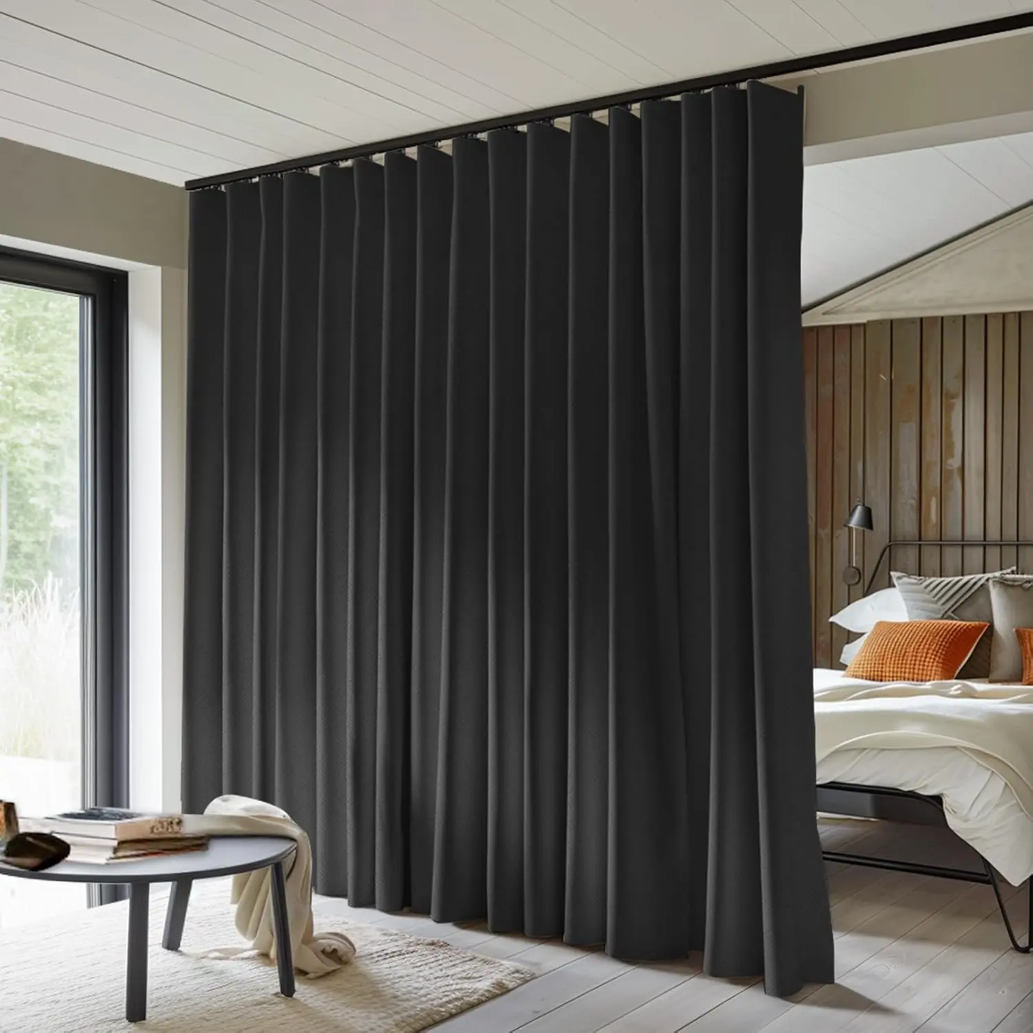 Room Divider Curtains Total Blackout Privacy Panel Room Thermal Noise Reduction Curtains for Bedroom Window Living Room Ceiling Track W 8.3 ft * H 7 ft Black