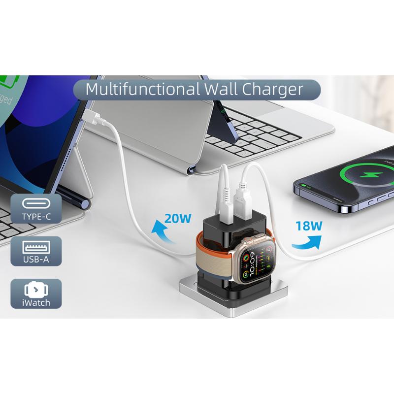 Watch Charger,20W 3-in-1 Fast Charging Block with Magnetic Wireless Charging and Dual Ports, Portable USB C PD Travel Plug Compatible with Phone,  Watch Series (Black)