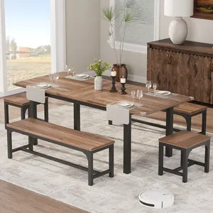 Dining Table for 6-8 People, 63" Large Extendable Kitchen Table for 6 with Metal Frame & MDF Board, Long Rectangular Wood Dining Room Table