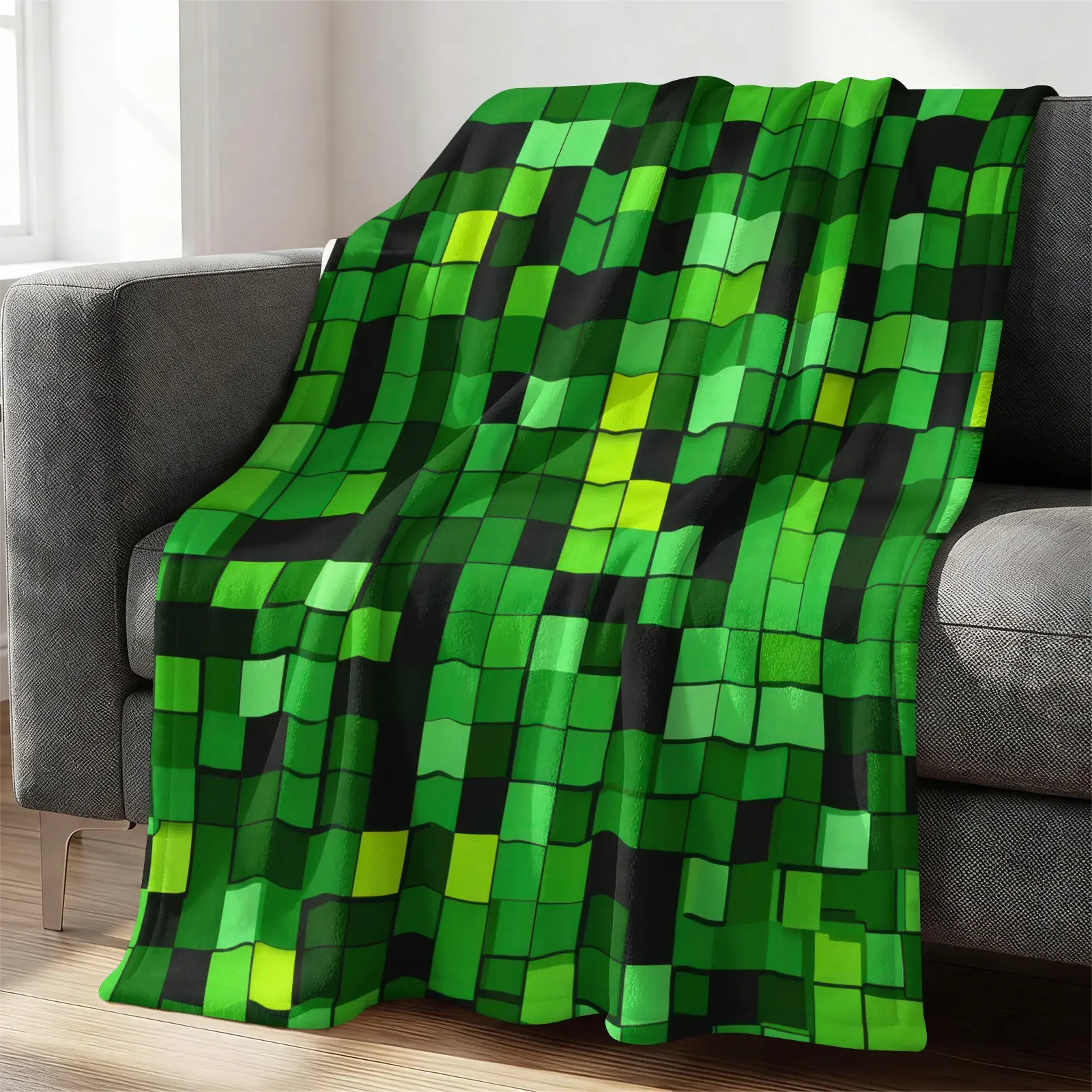 3D Distorted Green Black Pixel Square Print Flannel Throw Blanket, Soft Lightweight Cozy Blanket, Portable All Season Decor Throw For Sofa And Bed. Game Style Warped Pixel Grid Blanket, Perfect Home Decor For Gamers