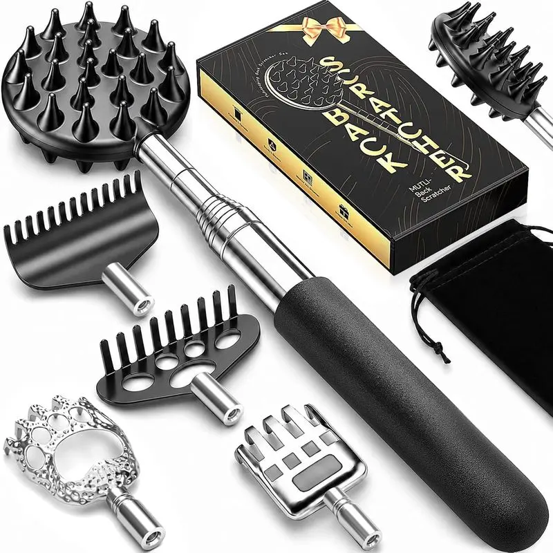Telescoping Back Scratcher with 5 Detachable Heads, Gift for Men Black