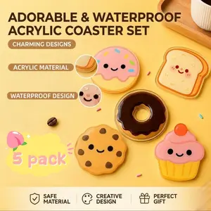 5 Pcs Oversized 11cm/4.3in Cute Dessert Acrylic Coaster Set | Aesthetic Kawaii Cup Mat for Desk, Large Toast Cookie Donut Cupcake Coasters