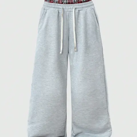 Men's Light Heather Gray Wide Leg Sweatpants, Double Layer Red Plaid Contrast Waistband, White Drawstring Closure, Side Seam Pockets Loose Y2K Streetwear, Suitable For Daily Hip Hop Style Matching Casual Outdoor