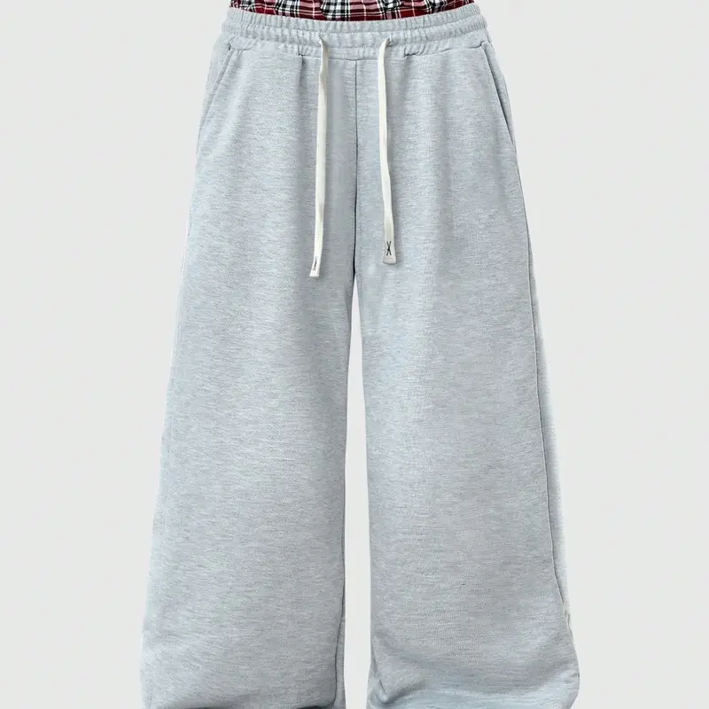 Men's Light Heather Gray Wide Leg Sweatpants, Double Layer Red Plaid Contrast Waistband, White Drawstring Closure, Side Seam Pockets Loose Y2K Streetwear, Suitable For Daily Hip Hop Style Matching Casual Outdoor