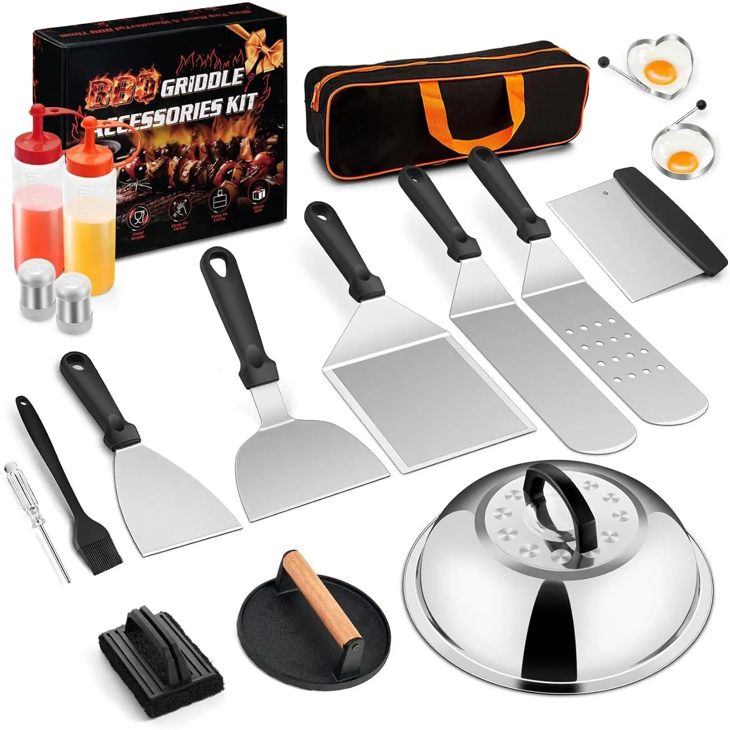 18Pcs Griddle Accessories Kit for Blackstone, (PP Handles) | Flattop Grilling Accessory Set With Smash Burger Press, Stainless Steel Spatula Tool, Basting Cover For Outdoor BBQ CookingGift.