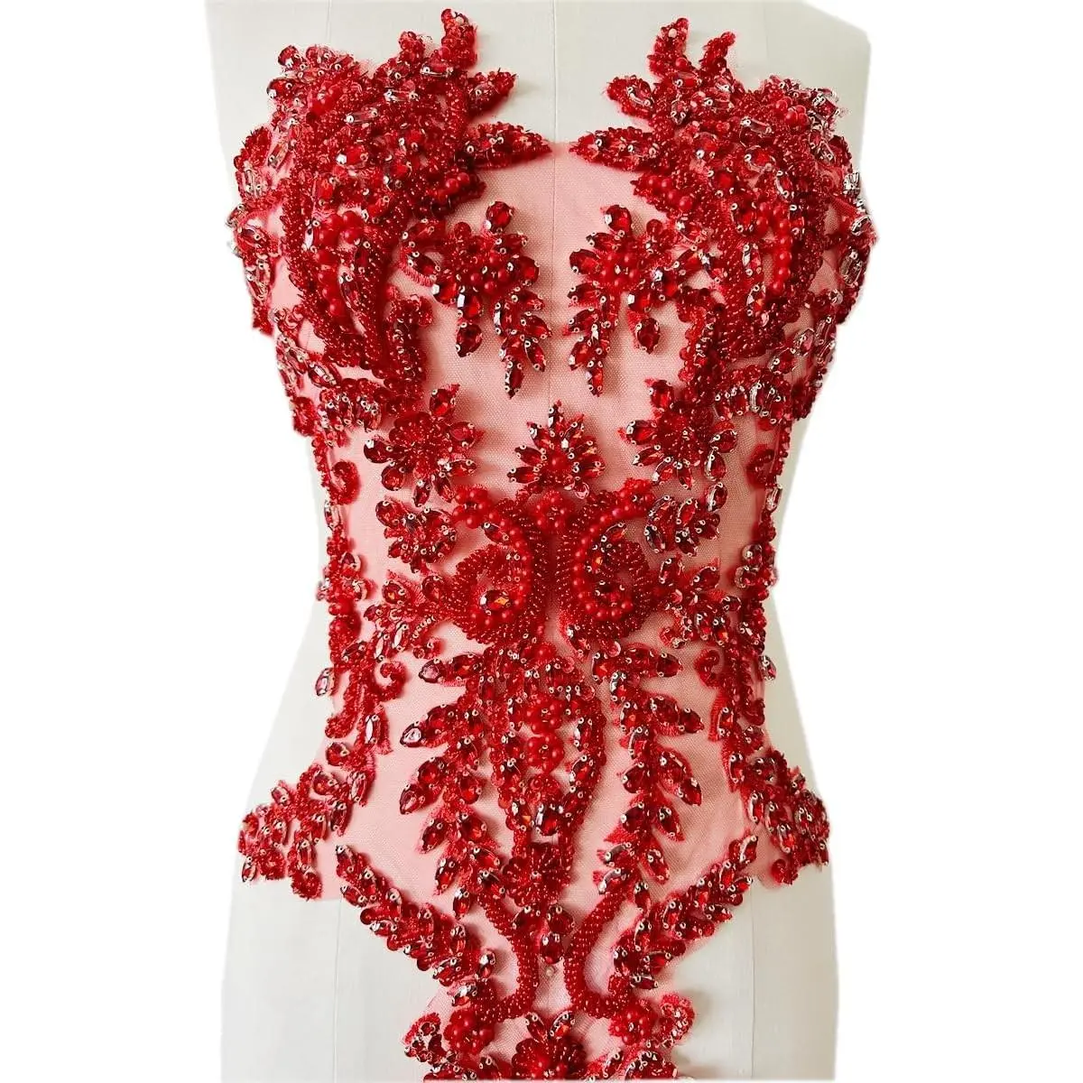 Handmade Shiny Rhinestones Applique handsewing Beaded Sequins Crystal on lace Trim Patches for Prom Dress Clothing Decorative Accessories (Red)