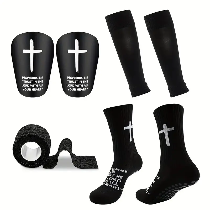 Soccer Protection Set, Football Socks Shin Guards Tape Kit Non Slip Grip Socks + Cross Print Shin Guards for Football Shock Absorbing Shin Guards, Sports Tape, Full Protection Kit for Football Training