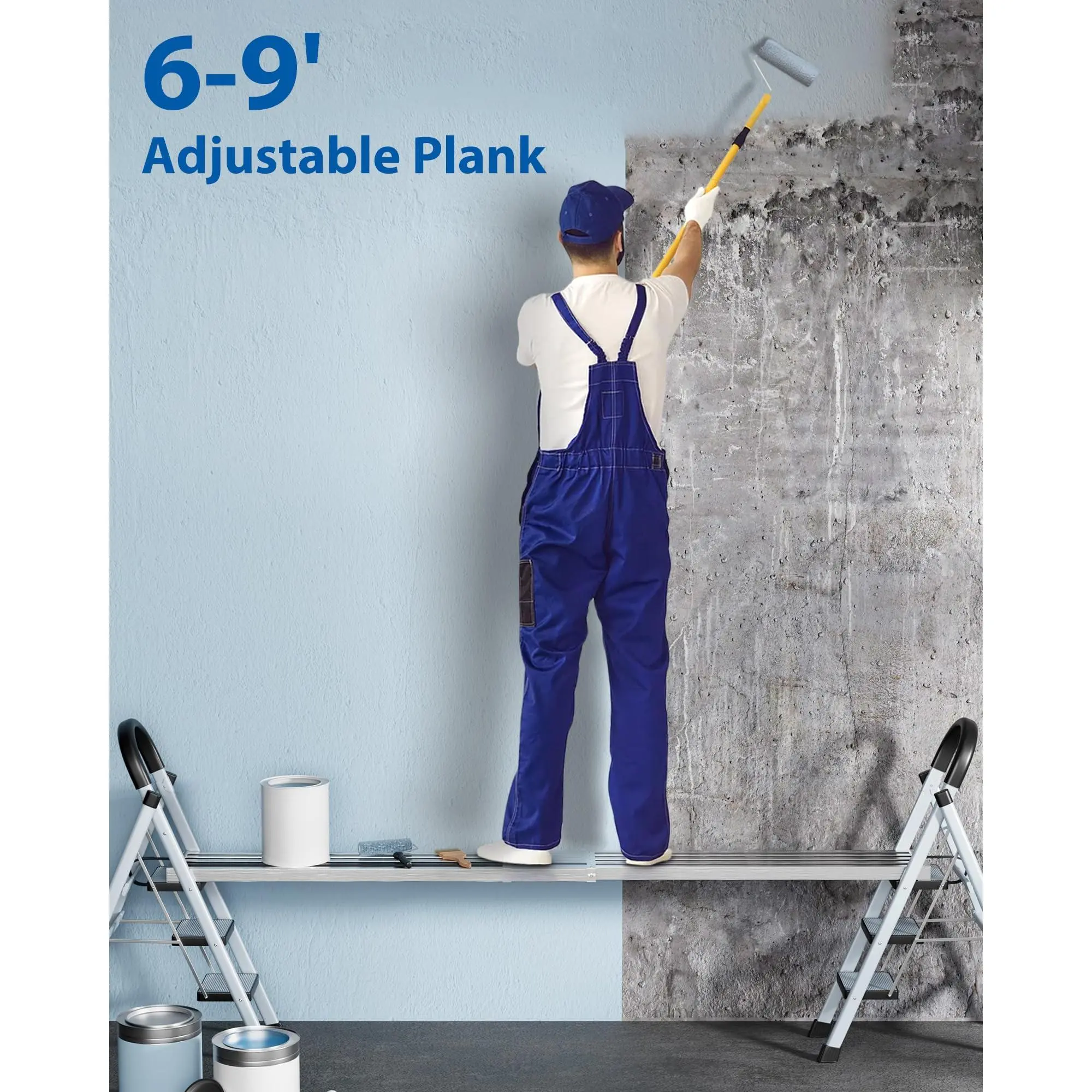 Telescoping Aluminum Scaffolding Work Plank, Adjustable 6-9 ft, 440 lb Capacity, 12.5 in Wide Skid-Resistant Walk Board for Ladder and Scaffold Use, Silver