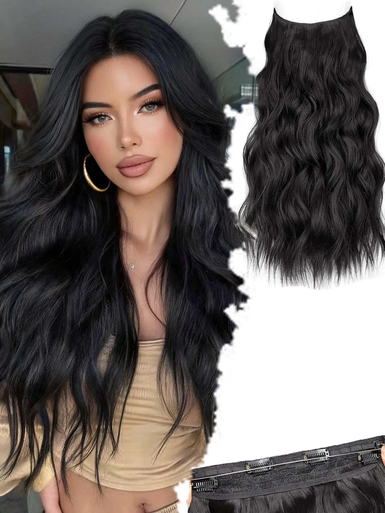 Invisible Wire Hair Extensions with 4 Clips Long Synthetic Wavy Curly Hairpiece Adjustable Transparent Headband for Women 20 Inch