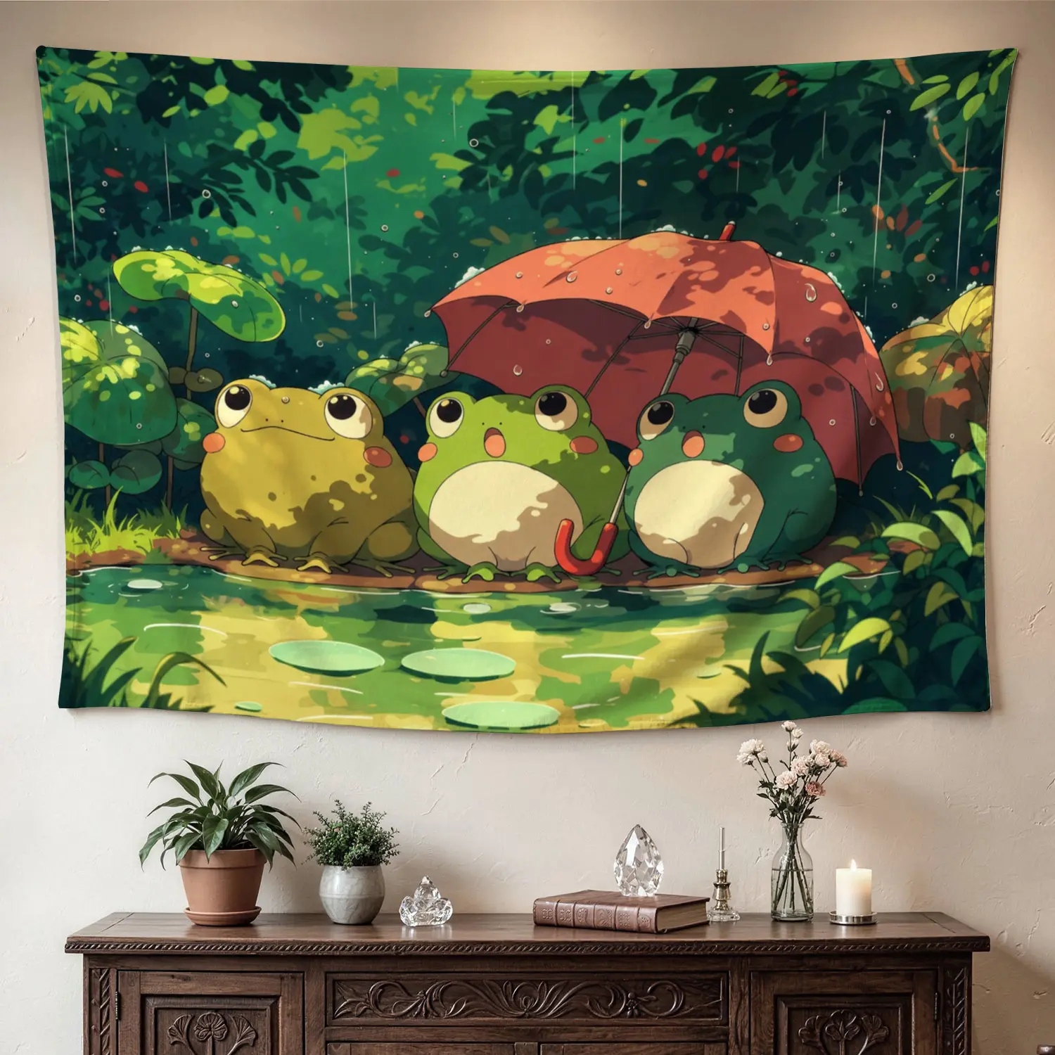Cute Rainforest Frogs with Red Umbrella Wall Tapestry - Large Printed Horizontal Polyester Wall Decor Artwork, No-Installation Room Decor Blanket for Living Room, Gift Idea for Family