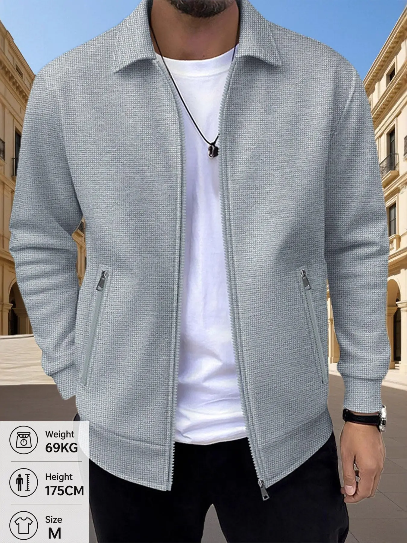 Men's Lapel Zipper Business Casual Jacket, Collared Zip Up Spring Fall Comfortable Herringbone Texture Coat, Practical Zip Pocket, Simple Fashion Daily Wear