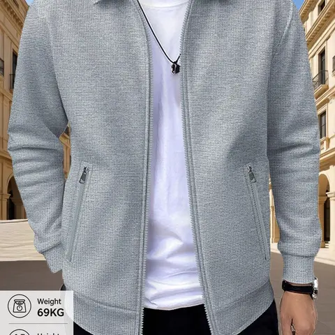 Men's Lapel Zipper Business Casual Jacket, Collared Zip Up Spring Fall Comfortable Herringbone Texture Coat, Practical Zip Pocket, Simple Fashion Daily Wear