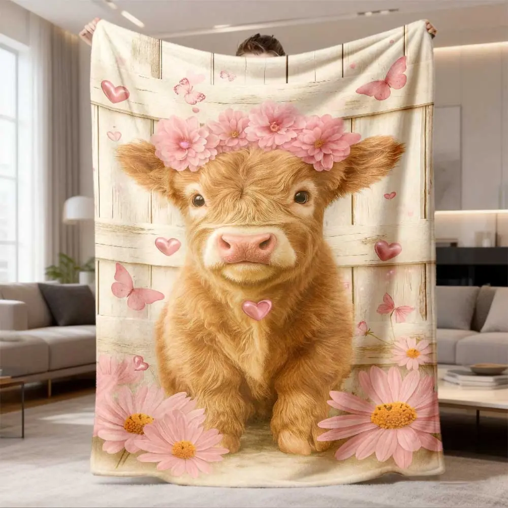 1 Soft Flannel Highland Cow Blanket - Bohemian Soundwave Embossed Scottish Cow With Floral Crown, Breathable All-Season Bedspread/Throw, Animal Themed Bedding for Home, Camping