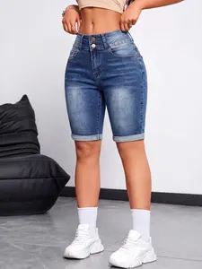 Women's High-Waisted Denim Jean Shorts, Fashionable Chic Summer Essential, Comfortable Trendy Design, Vintage Washed Bleached Look