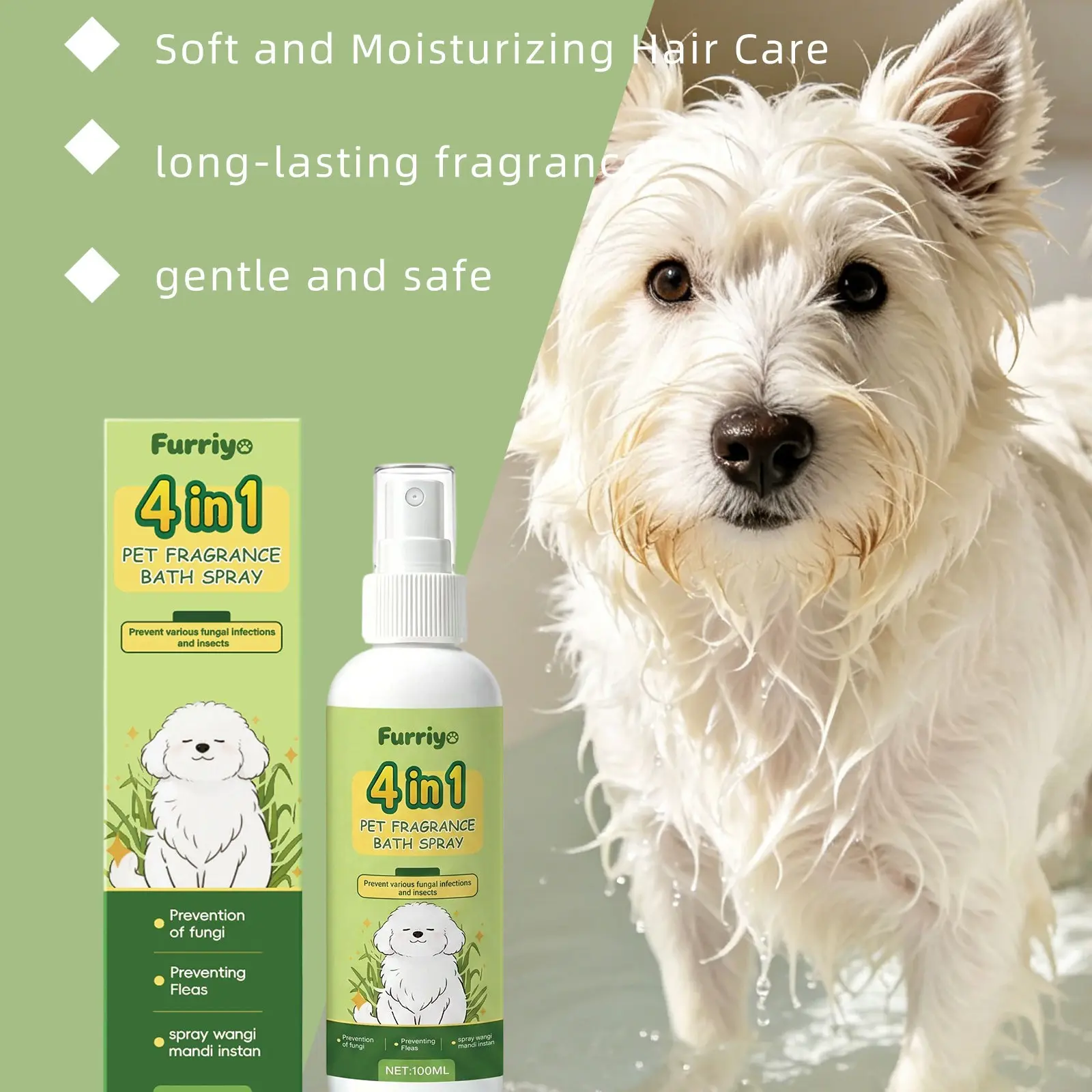 Furriyo Pet Fragrance Bath Spray for Cats and Dogs, 4-In-1 Gentle Non-Irritating Cleaning Care Spray, Soft and Safe for Pets