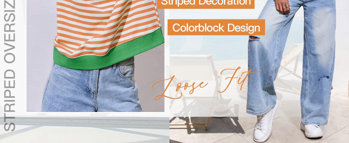 【Up To 3XL】Imily Bela Womens Striped Oversized Sweatshirt Color Block Crew Neck Long Sleeve Shirt Casual Loose Pullover Top Y2K Clothes back to school