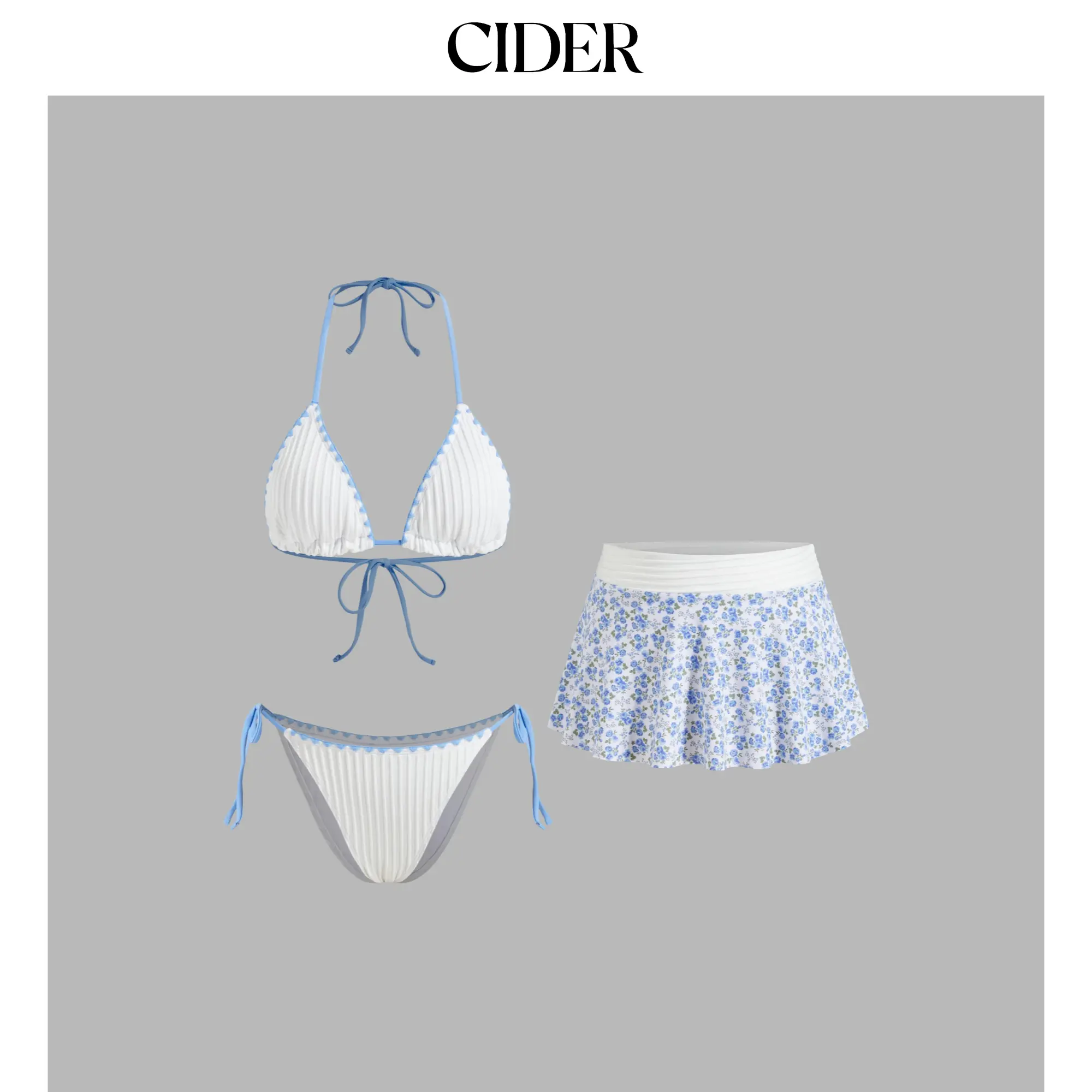 Cider Rib Halter Neckline Contrasting Binding Triangle Bikini Set & Floral Cover Up Skirt