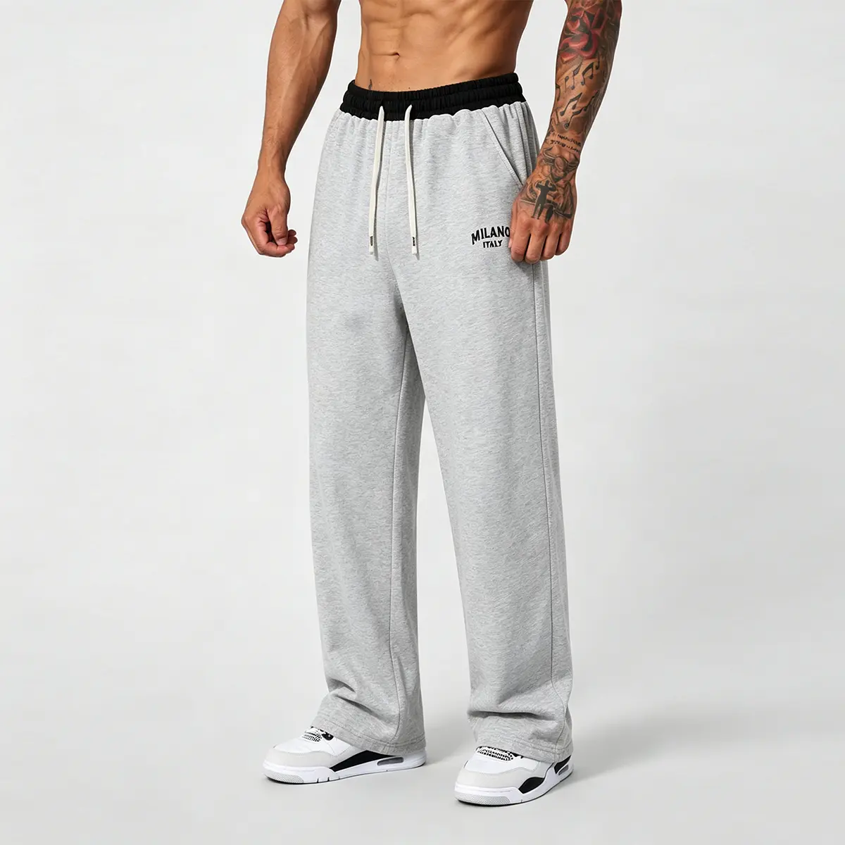 Men's Polyester Loose-Fit Straight-Leg Sweatpants - Contrast White Drawstring Waistband, Milano Italy Graphic Print, Deep Pockets, Premium Soft Lightweight Casual Streetwear for Lounge, Gym Use